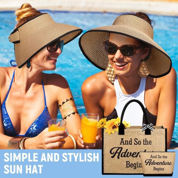 Beach Bag Set Canvas Tote Sun Visor Makeup Bag for Travel Summer - Picture 5 of 7